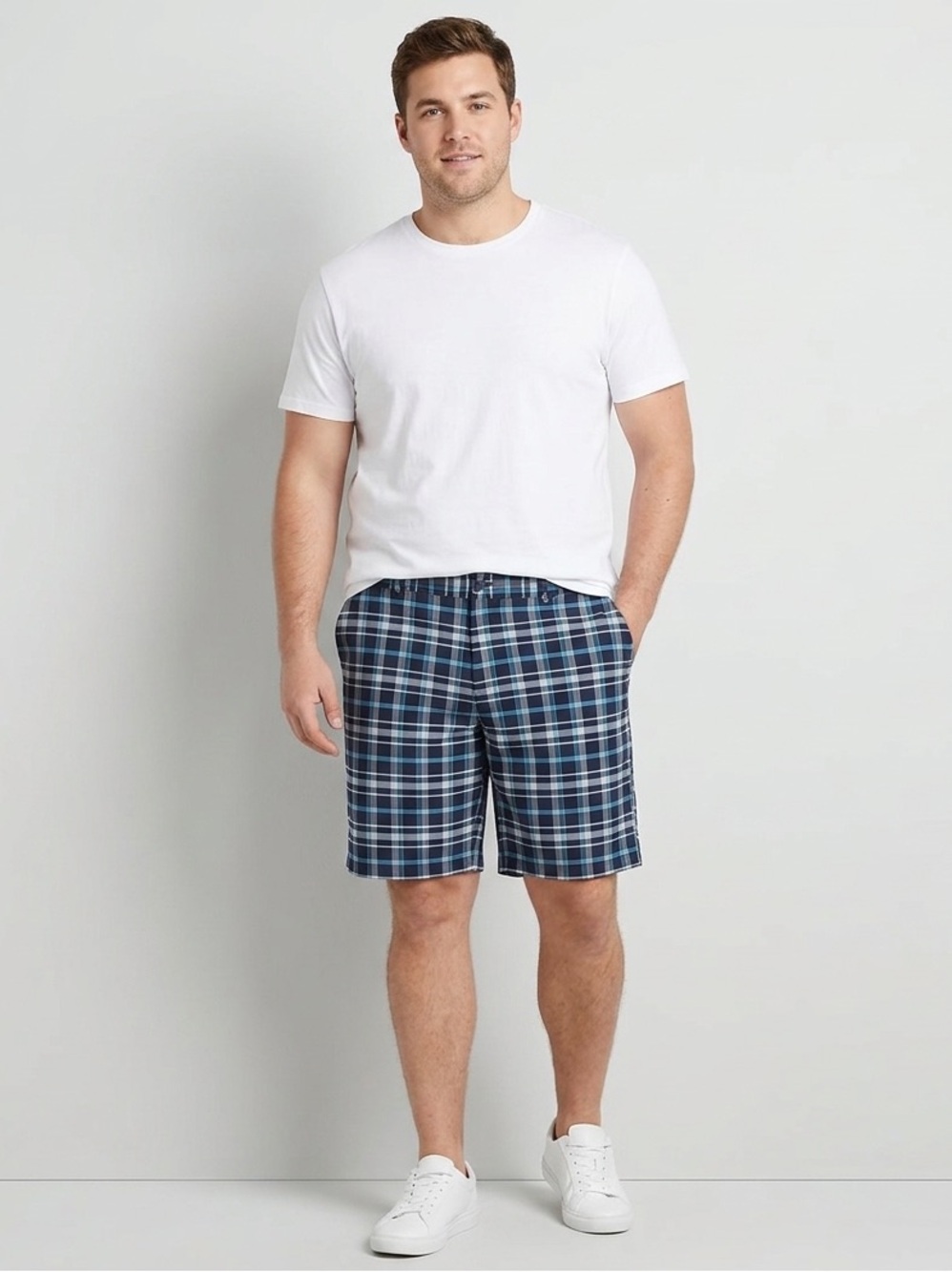 adidas Navy and White Plaid Button-Up Short with Teal Accent